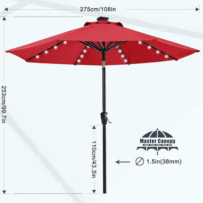 MASTERCANOPY 9FT 8Ribs Patio Umbrella with 32 Solar LED Lights, Outdoor Market Umbrella with Tilt & Crank, UV Protection & Fade Resistant Fabric, Easy Set-Up for Garden, Deck, Pool (Red)