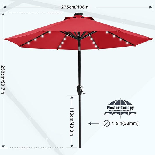 MASTERCANOPY 9FT 8Ribs Patio Umbrella with 32 Solar LED Lights, Outdoor Market Umbrella with Tilt & Crank, UV Protection & Fade Resistant Fabric, Easy Set-Up for Garden, Deck, Pool (Red)
