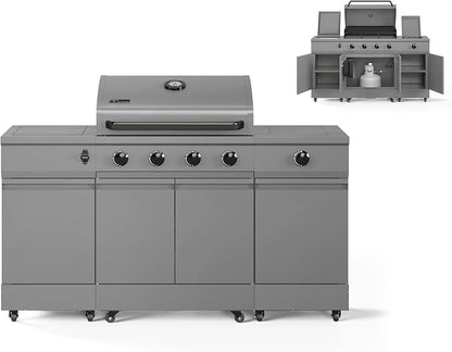 Tytus Fresno 66" 5-Burner Propane or Nat Gas Island Grill, 60K Total BTUs | Pre-assembled for fast install, 864 sq inch cooking area with Side Burner, Storage, Ice Bucket, On Wheels - Gunmetal Island