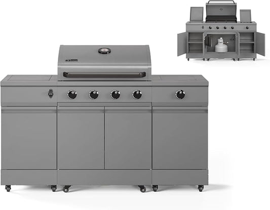Tytus Fresno 66" 5-Burner Propane or Nat Gas Island Grill, 60K Total BTUs | Pre-assembled for fast install, 864 sq inch cooking area with Side Burner, Storage, Ice Bucket, On Wheels - Gunmetal Island