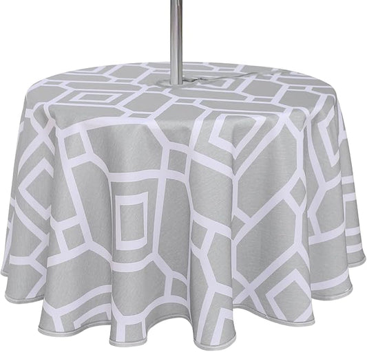 LUSHVIDA Moroccan Outdoor Round Tablecloth with Umbrella Hole and Zipper, 60 Inch Silver, Waterproof Wrinkle Free Table Cloth Decorative Fabric Washable Table Cover for Patio, Party, Picnic