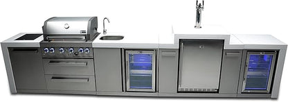 Mont Alpi 168"W Stainless Steel Deluxe Modular Outdoor Kitchen Island with Fridge Faucet & Sink Combo + 3 Tap Kegerator Beer Dispenser + 32"W 4-Burner BBQ Grill + Granite Countertops + Storage + Cover