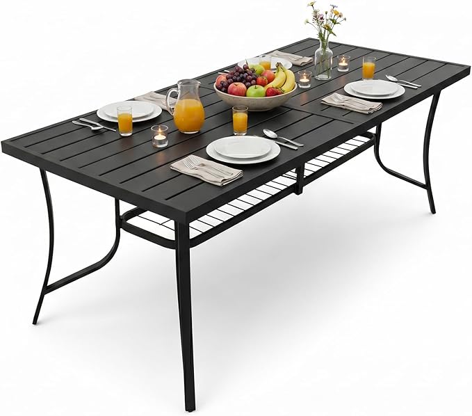 77" Extra Large Outdoor Metal Dining Table, Rectangular Wrought Iron Patio Table for 8 People, Weather-Resistant Steel Slatted Table with Umbrella Hole for Party & Backyard