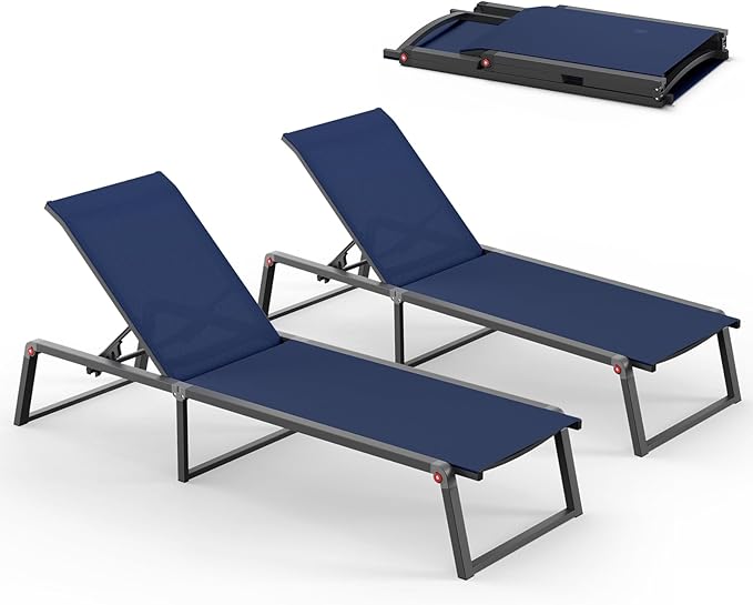 Aluminum Chaise Lounge Chair Outdoor, Foldable& No Assembly Patio Pool Lounge Chairs 5-Position Recliner for Outside, Fully Grounded Legs Sun Lounger for Poolside, Navy Blue, 2 Pack