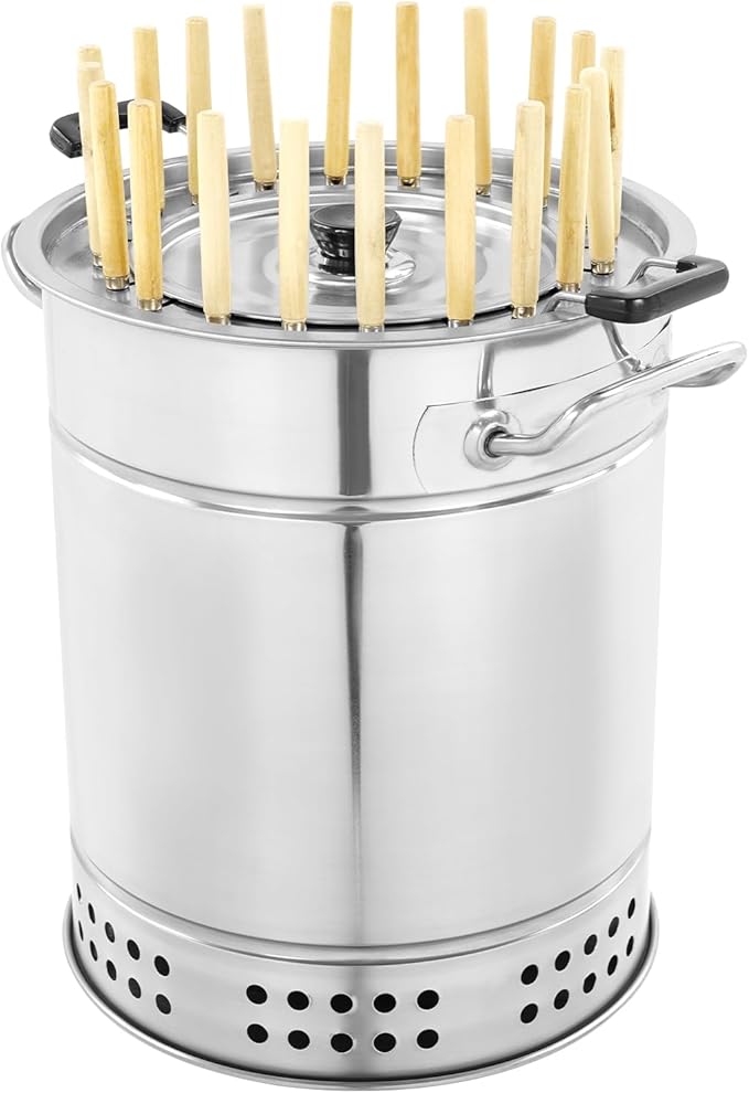 Portable Vertical BBQ Charcoal Grill Stainless Steel Surround Charcoal Barrel Shape Grill for Picnics Camping Traveling Barbecue Parties, with Skewers and Oil Drip Pan (20-skewer)