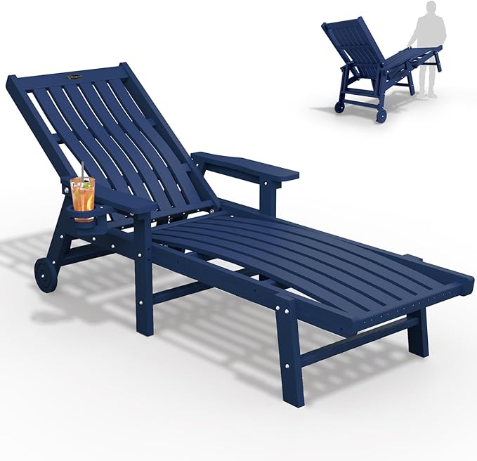 THOEOE Patio Chaise Lounge Chair, Lounge Chair Outdoor with 5 Positions, HDPE, Patio Lounge Chair with Wheels & Cup Holder for Pool, Deck, Poolside,Navy Blue