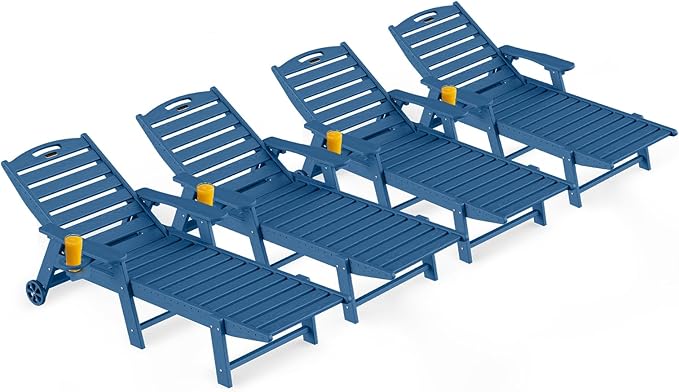 Ciokea Lounge Chair Outdoor Set of 4, Oversized Chaise Lounge Chair with 5 Positions, HDPE, Patio Lounge Chairs with Wheels & Cup Holder for Lawn, Pool, Deck, Poolside, Navy Blue