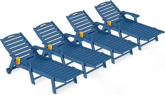 Ciokea Lounge Chair Outdoor Set of 4, Oversized Chaise Lounge Chair with 5 Positions, HDPE, Patio Lounge Chairs with Wheels & Cup Holder for Lawn, Pool, Deck, Poolside, Navy Blue