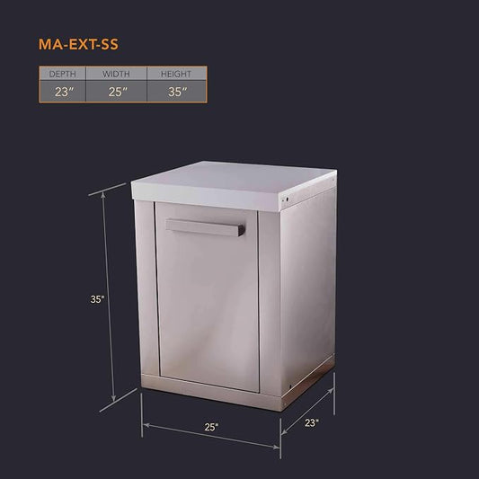 Mont Alpi Outdoor Kitchen Island Extra Storage Cabinet Module - Stainless Steel | Magnetic Door | White Granite Countertop | 2 Shelves | 25 in