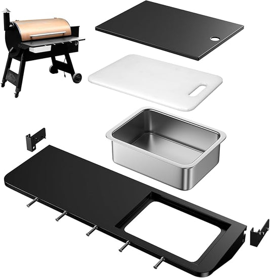 Utheer Upgraded Folding Front Shelf for Traeger Pro 34 Series, Century 885, Texas Elite 34, 37"x12" Heavy-Duty BBQ Prep Table with Cutting Board, Basin, 5 Hooks, 60-LB Load Steel Folding Grill Shelf