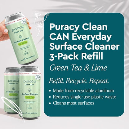 Puracy All Purpose Cleaner Clean Can – Plant-Powered Multi-Surface Cleaner - Surface Cleaner Solution As Seen on TikTok (Green Tea + Lime, 14.4 fl oz, 3 Pack)