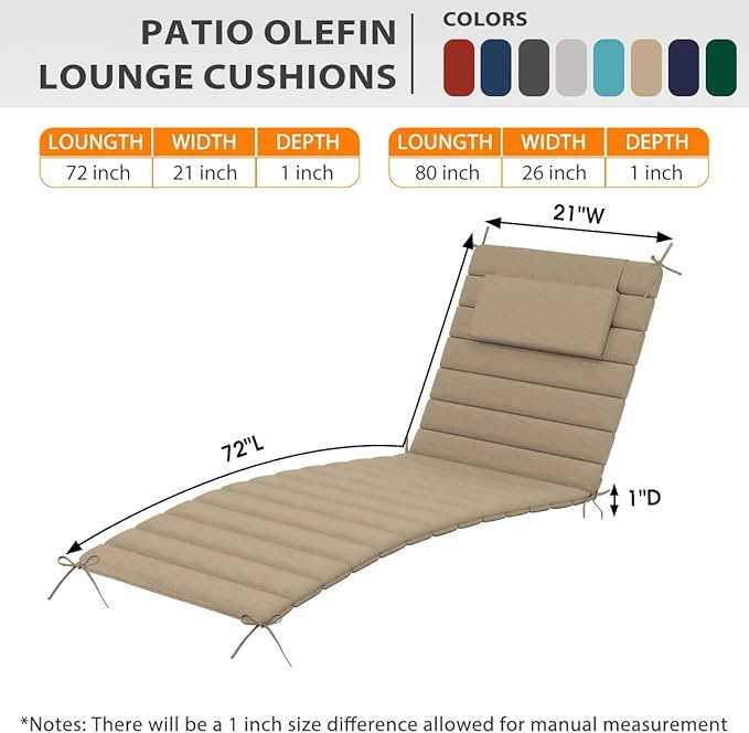 Sundale Outdoor Olefin Quilted Lounge Cushion Set of 4, Patio Foldable Chaise Lounger Cushion, Water-Resistant Lounge Chair Pad with Straps Khaki, 72 x 21 inches