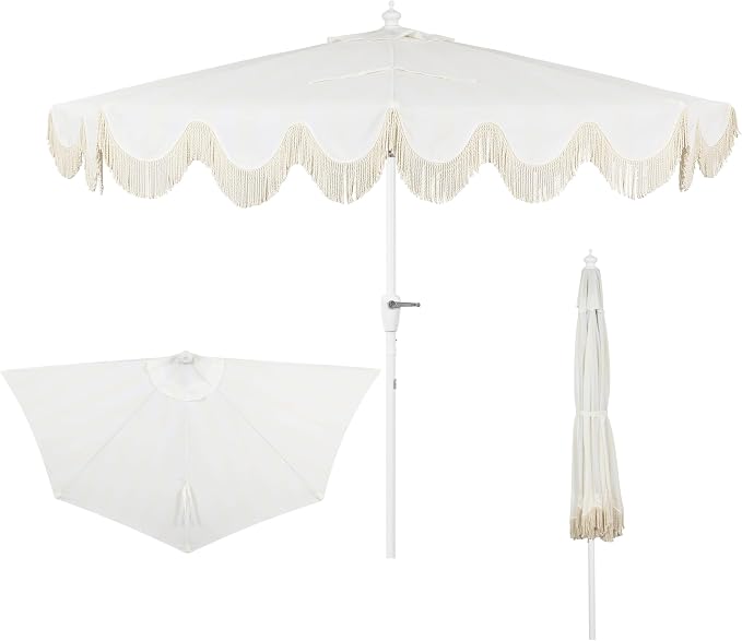 JONATHAN Y Beverly 9 ft. Striped Half Umbrella, Cream/White | Coastal Scalloped Fringe, Crank Lift, 30 Degree Manual Tilt, UV 50 Fabric Canopy, Aluminum Frame, Space Saving Design