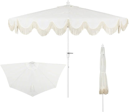 JONATHAN Y Beverly 9 ft. Striped Half Umbrella, Cream/White | Coastal Scalloped Fringe, Crank Lift, 30 Degree Manual Tilt, UV 50 Fabric Canopy, Aluminum Frame, Space Saving Design