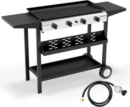 ROVSUN 4 Burner Portable Propane Griddle with Electronic Ignition, 40000 BTU Rolling Flat Top Gas Grill with Nonstick Enameled Tray, Side Shelves & Regulator for Outdoor Cooking Camping BBQ Tailgating