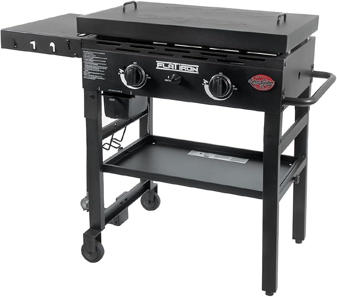 Char-Griller® Flat Iron 2-Burner Propane Gas Flat-Top Griddle with Steel Griddle Top, Wind Guards and Removable Lid, 520 Cooking Square Inches in Black, Model 8128