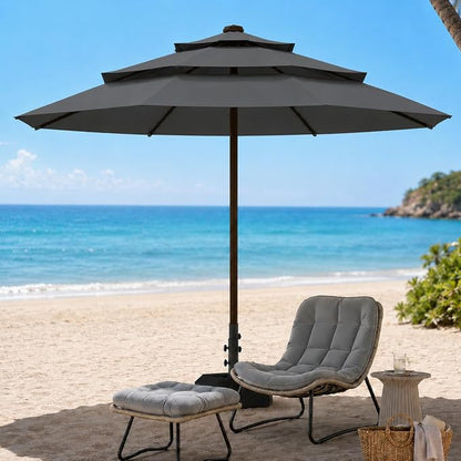 10ft Patio Umbrella, 3-Tier Vented Outdoor Table Umbrella with 8 Sturdy Fiberglass Ribs, Windproof Market Umbrella with Push Button Tilt and Crank, UV Protection for Deck, Pool, Grey