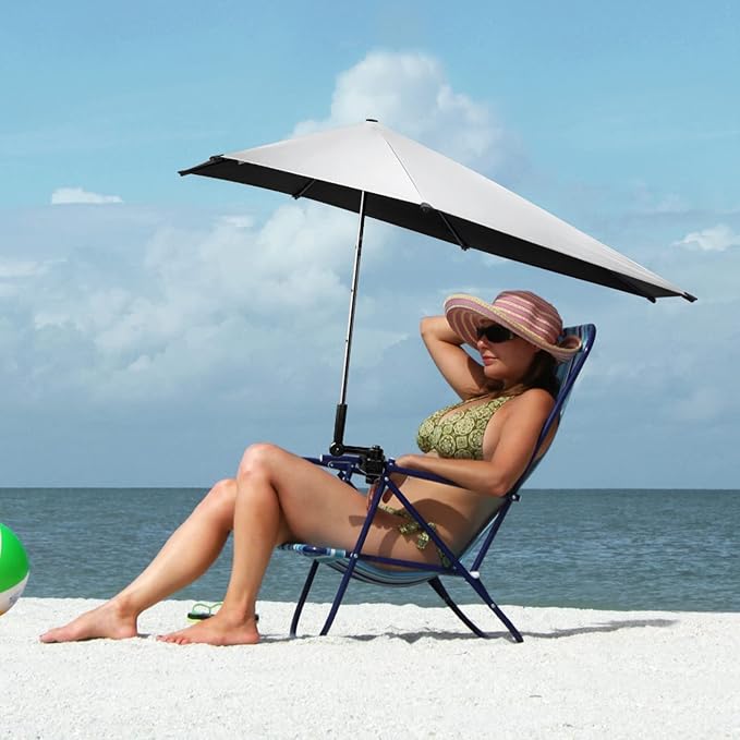 G4Free UPF 50+ Height Adjustable Beach Chair Umbrella with Universal Clamp | UV protection Chair Umbrella for Beach Chair, Golf Cart, Wheelchair, Stroller, Bleacher, Outdoor Patio, silver coating fabric