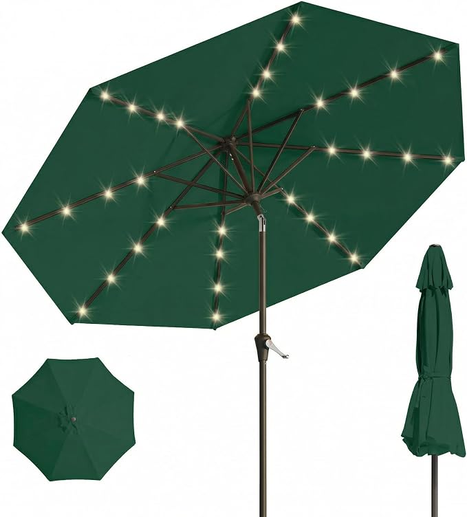 10FT Solar Umbrella 32 LED Lighted Patio Umbrella Table Market Umbrella w/Tilt and Crank, UV-Resistant Outdoor Umbrella for Pool, Garden, Deck, Forest Green