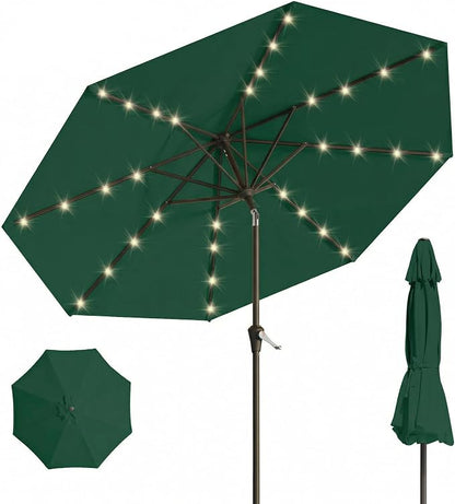 10FT Solar Umbrella 32 LED Lighted Patio Umbrella Table Market Umbrella w/Tilt and Crank, UV-Resistant Outdoor Umbrella for Pool, Garden, Deck, Forest Green