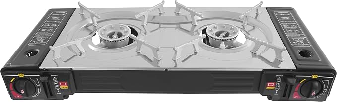 2-Burner Butane Stove, Portable Camping Stove with Grill Tray, Automatic Ignition, Outdoor Travel Camp Stove with Carry Case & Push-Button for Camping Tailgating (With Grill Tray-B)