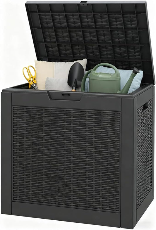 35 Gallon Outdoor Storage Box, Resin Deck Boxes Outdoor Waterproof For Patio Furniture, Garden Tools, Pool Supplies, Lockable And UV Resistant (Rattan Black)