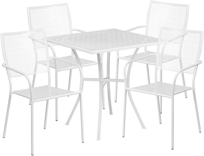 Flash Furniture Oia Commercial Grade 28" Square White Indoor-Outdoor Steel Patio Table Set with 4 Square Back Chairs