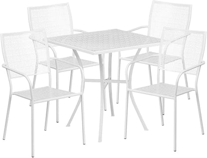Flash Furniture Oia Commercial Grade 28" Square White Indoor-Outdoor Steel Patio Table Set with 4 Square Back Chairs