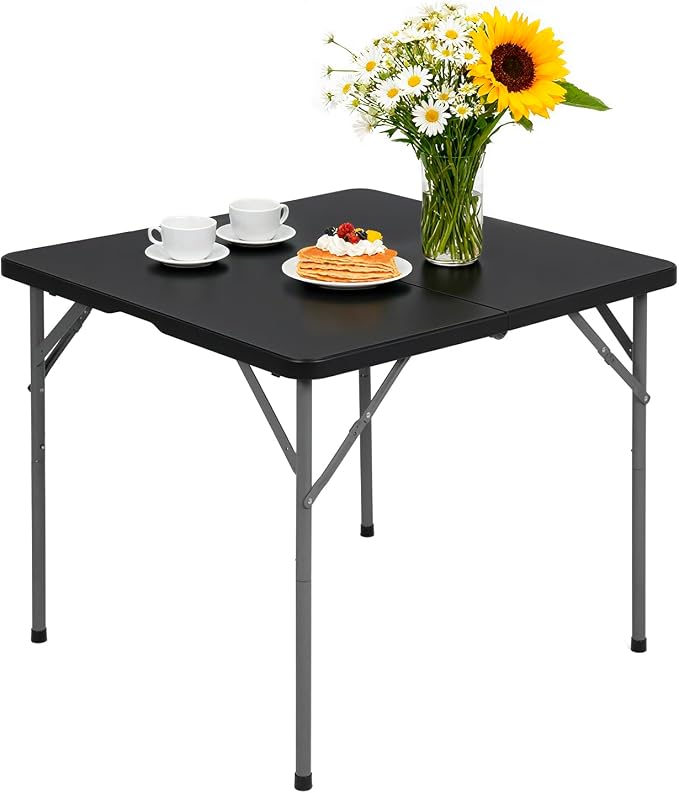 PayLessHere 34" Square Plastic Folding Card Table, Portable Outdoor Dining Table with Collapsible Legs and Carrying Handle,Plastic Tables for Camping,Picnic, Office, Party, Black
