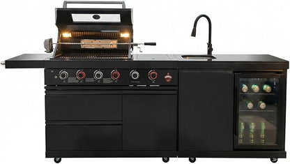 84 Inch Outdoor Kitchen Island, 6 Burner 75300 BTU Deluxe Stainless Steel Gas Grill Bar Island with Stainless steel Sink Wine Cooler Refrigerator, Granite Countertops, Rotisserie kit (Black)