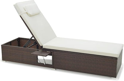 Tangkula Patio Chaise Lounge, Outdoor Rattan Lounge Chair w/ 6-Level Backrest, Comfy Seat Cushion & Headrest, Sturdy Metal Frame, Outside Reclining Chair for Backyard, Poolside (1, Off White)