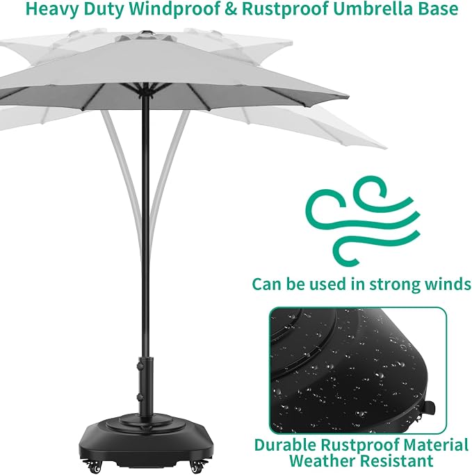 QZER Umbrella Base with Wheels, Umbrella Stand Heavy Duty 100lb Windproof | Fillable Umbrella Base Mobile Square Umbrella Stand Outdoor Base for Patio, Deck, Poolside, Lawn, Fits Most Sized Umbrellas