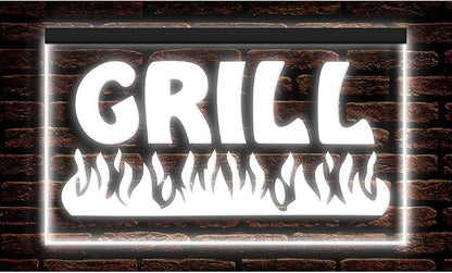 110032 Fire Grill Bar Restaurant BBQ Steakhouse Open Display LED Light Neon Sign (12" X 8", White)