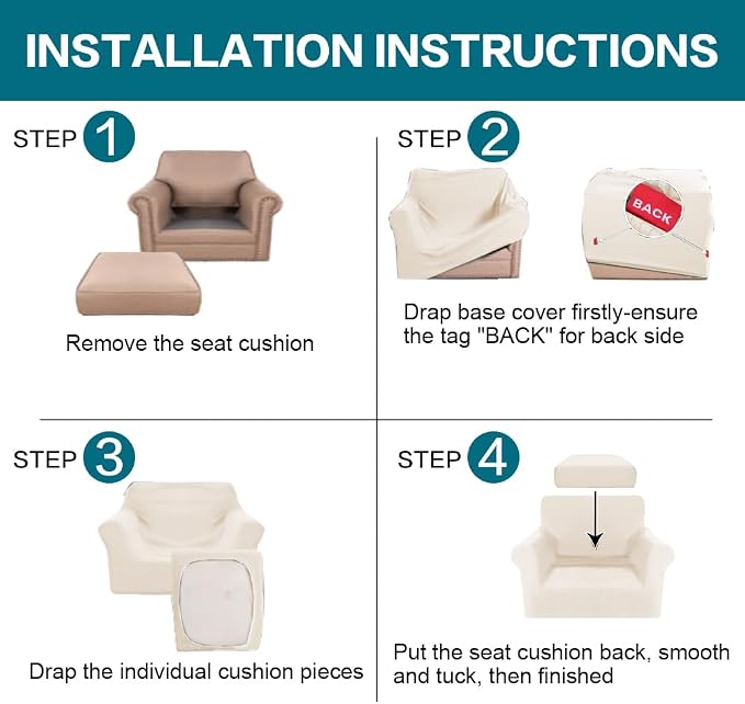 Turquoize 2 Piece Chair Covers Armchair Slipcovers for Living Room Armchair Sofa Cover with Individual Cushion Covers Feature Jacquard Fabric (Chair, Cream)