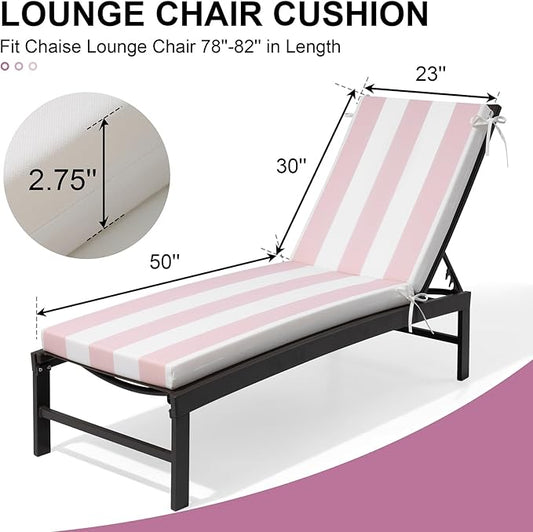 Crestlive Products Outdoor Chaise Lounge Cushions Set of 2, 3 Years Fade Resistant Water Resistant Lounge Chair Cushion, 80''L x 23''W, Pink White Stripe