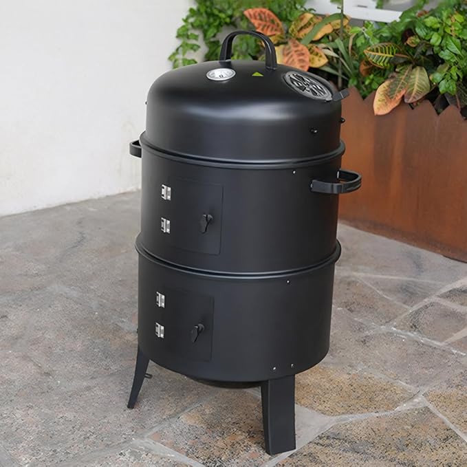 Vertical Charcoal Smoker with Built-in Thermometer BBQ Smoker Grill 2 Access Doors Round BBQ Grill for Parties Camping Outdoor Cooking