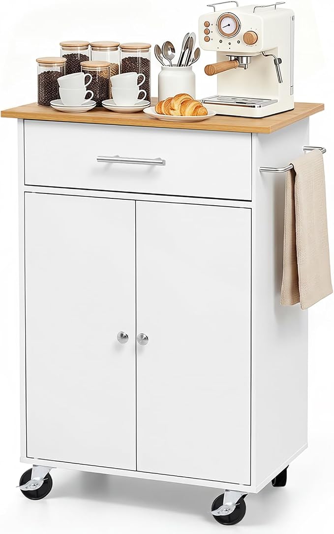 VEVOR Kitchen Island Cart with Storage, 24.84 in Wide Mobile Rolling Storage Island on Swivel Wheels, with Drawer, Storage Cabinet, Towel Rack, Hooks, Table for Home Dining Room, White