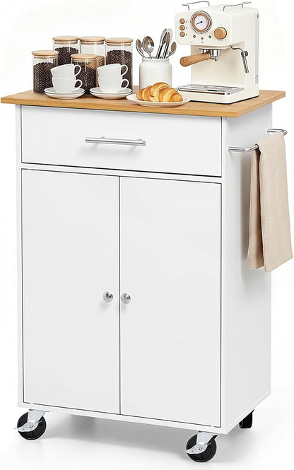 VEVOR Kitchen Island Cart with Storage, 24.84 in Wide Mobile Rolling Storage Island on Swivel Wheels, with Drawer, Storage Cabinet, Towel Rack, Hooks, Table for Home Dining Room, White