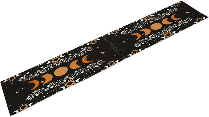 Boho Moon Phase Flower Kitchen Table Runner Non-Slip Rectangle Kitchen Black Bohemian Floral Printed Pattern for CoffeeDiningPartyWedding Table 13x120Inch