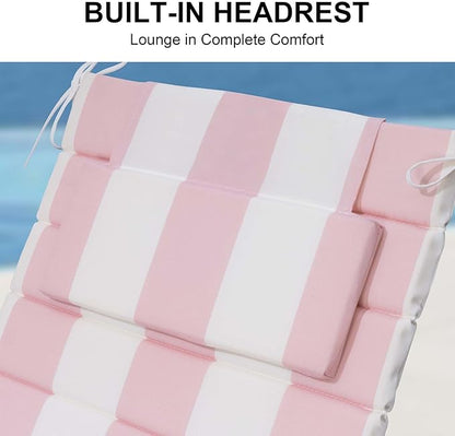 Crestlive Products Chaise Lounge Cushion Outdoor Set of 2, Waterproof Foldable Pool Lounge Chair Cushions with Straps 71''Lx21''W, Lounger Cushions for Outdoor Furniture, Patio, Pink Stripe