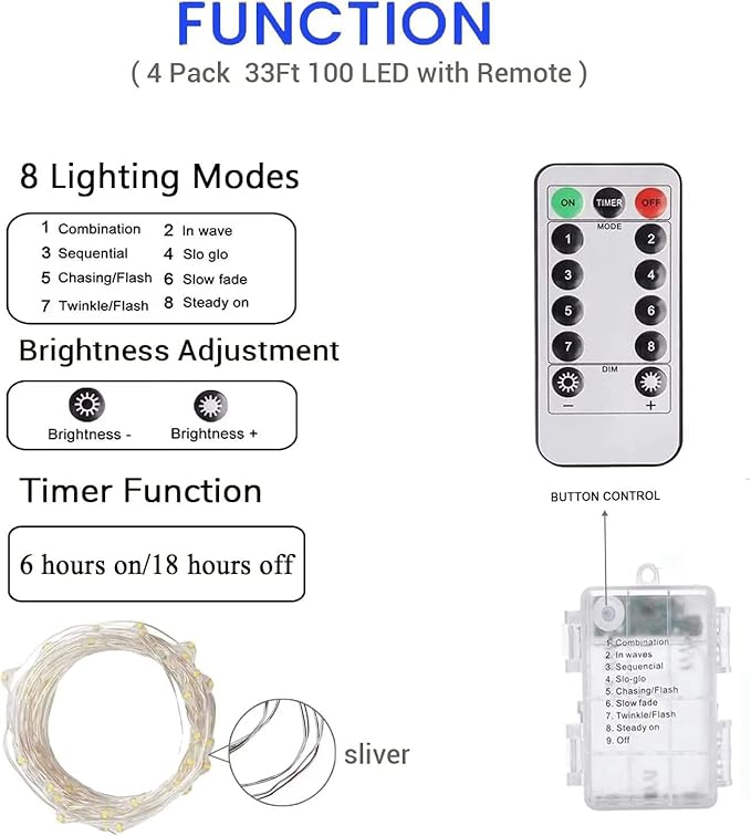 4 Pack 100 LED Fairy Lights Battery Operated with Remote, 33FT Waterproof Twinkle Lights with Timer & 8 Modes, Fairy String Lights Outdoor Indoor for Bedroom Classroom DIY Christmas Decor (Blue)