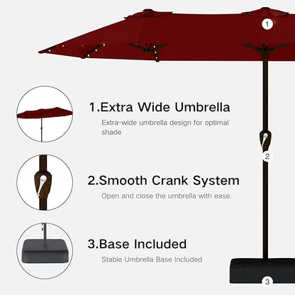 Kingdura 15ft Large Patio Umbrella with Solar Lights, Double-Sided Rectangle Outdoor Table Umbrella with Base Included, 12 Reinforced Ribs, 48 Led Lights, Crank Lift for Market Pool Deck, Dark red