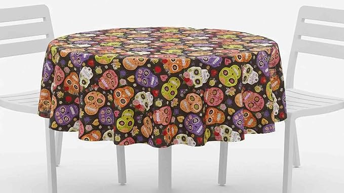 Newbridge Sugar Skull Round Vinyl Tablecloth with Flannel Backing, Waterproof Wipe Clean Table Cover for Indoor Outdoor Kitchen Dining Use, Picnic and Barbecue, 70 Inch Round