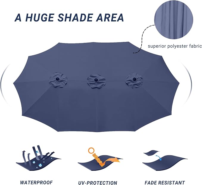 15ft Patio Umbrella with Base, 10-Year-No-Fade Large Outdoor Double-Sided Market Umbrella with UPF50+Terylene Polyester Fabric and Crank for Poolside Garden Deck Backyard Beach Pools