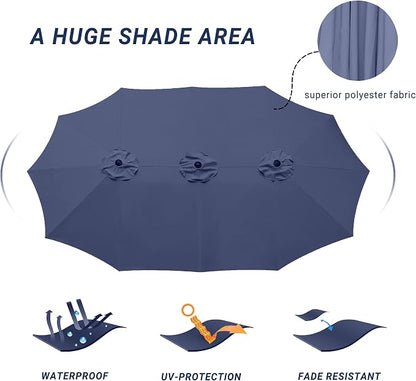15ft Patio Umbrella with Base, 10-Year-No-Fade Large Outdoor Double-Sided Market Umbrella with UPF50+Terylene Polyester Fabric and Crank for Poolside Garden Deck Backyard Beach Pools