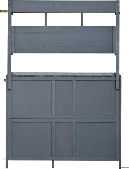 Merax Farmhouse Potting Bench with 6 Drawers, 44.6” Large Garden Workstation, Outdoor Kitchen Island with Bottom Cabinet & Hooks, Freestanding Patio Furniture,Gray