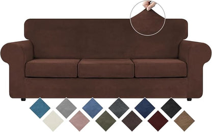 WEERRW 4 Pieces Couch Cover for Sofa Velvet Sofa Covers Washable, Chocolate | Sofa Covers for 3 Cushion Couch Furniture Protector Sofa Slipcovers with Non Slip Elastic Bottom, Pet Friendly, Large