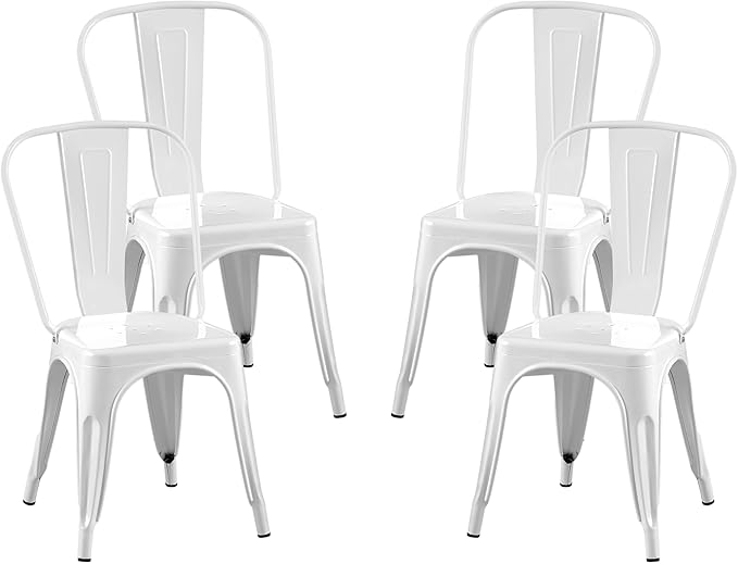 AC Pacific Stackable Metal Dining Chairs Set of 4 for Indoor and Outdoor Use, Durable Stacking Seat, Farmhouse Kitchen, Bar, Patio, Bistro, Cafe, Industrial Style, High Gloss White