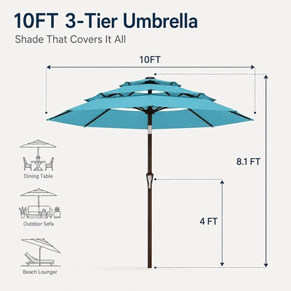 10ft Patio Umbrella, 3-Tier Vented Outdoor Table Umbrella with 8 Sturdy Fiberglass Ribs, Windproof Market Umbrella with Push Button Tilt and Crank, UV Protection for Deck, Pool, Sky Blue
