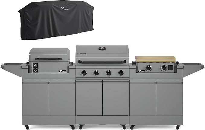 Tytus Anaheim 4-Burner Gas Grill with Two Prep Carts, Pellet Smoker, and Gas Griddle with Cover - Modular Outdoor Kitchen, Quick Assembly, Grill for Outdoor Cooking, Kitchen Island for BBQ